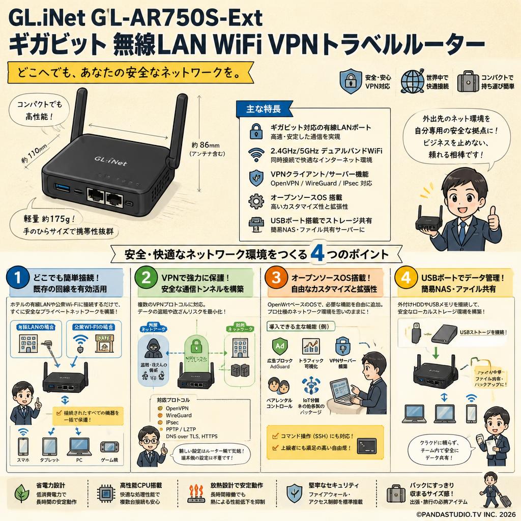 GL.iNet GL-AR750S-Ext ギガビット 無線LAN WiFi VPNトラベルルーター 概要