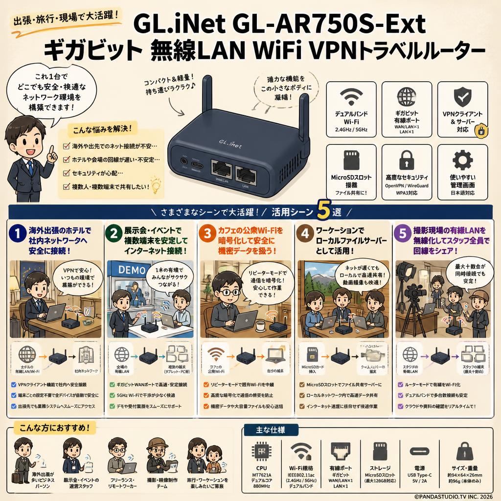 GL.iNet GL-AR750S-Ext ギガビット 無線LAN WiFi VPNトラベルルーター 用途