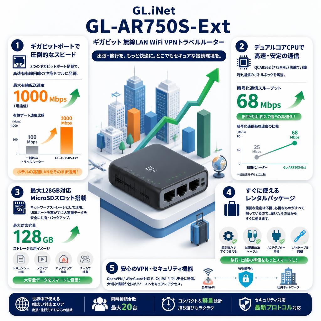 GL.iNet GL-AR750S-Ext ギガビット 無線LAN WiFi VPNトラベルルーター セールスポイント