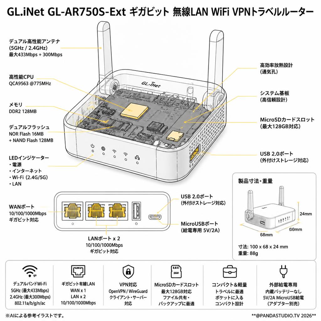 GL.iNet GL-AR750S-Ext ギガビット 無線LAN WiFi VPNトラベルルーター スペック