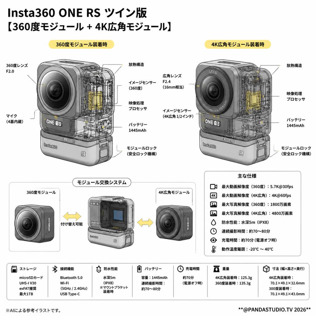 Insta360 ONE RS ツイン版 【360度モジュール + 4K広角モジュール】 スペック