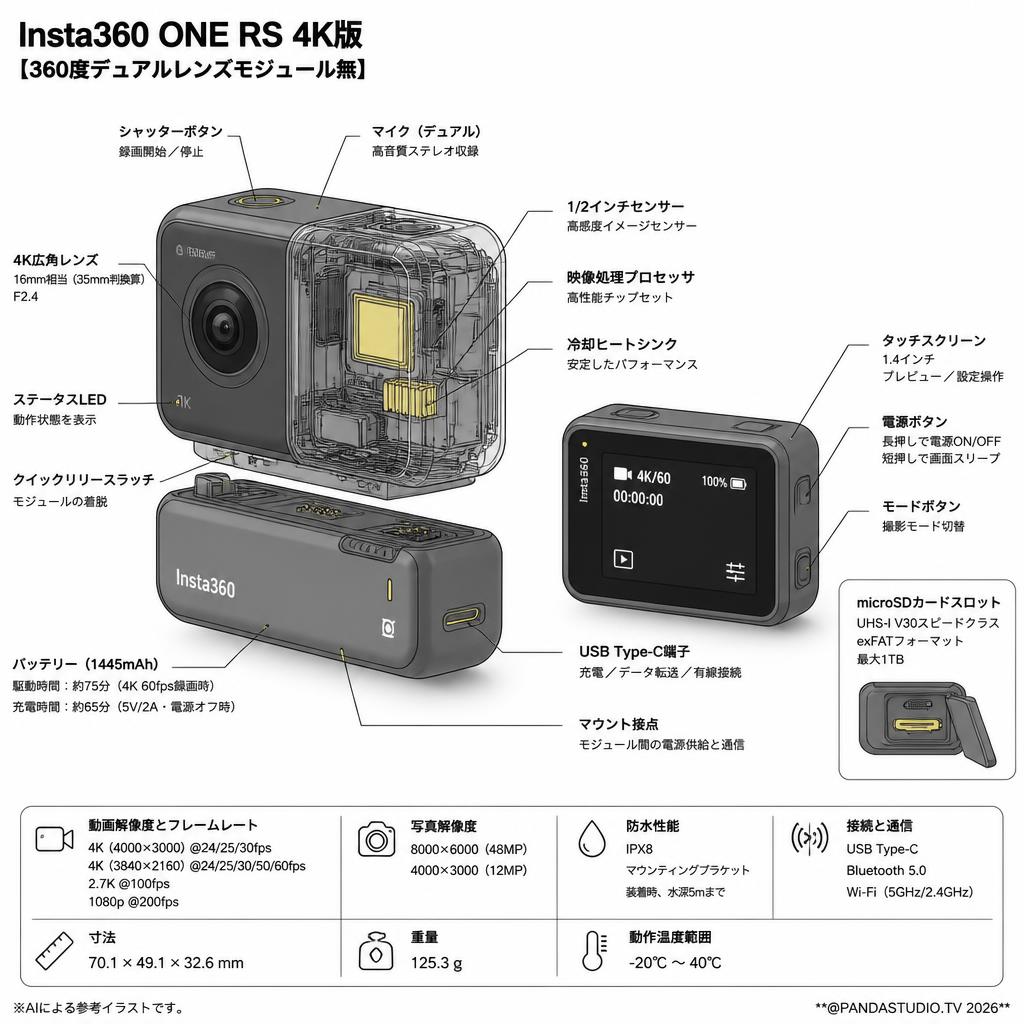 Insta360 ONE RS 4K版 【360度デュアルレンズモジュール無】 スペック