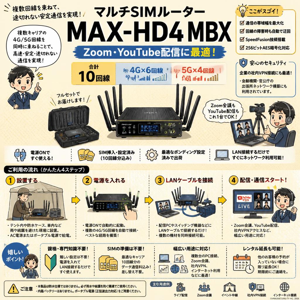 マルチSIMルーター MAX-HD4 MBX／Zoom Youtube配信に最適／10回線 4G×6回線 5G×4回線 FAQ（よくある質問と答え）