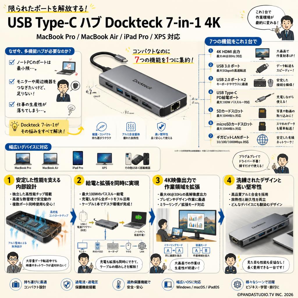 USB Type-C ハブ Dockteck 7-in-1 4K (MacBook Pro MacBook Air  iPad Pro XPS 対応) 概要