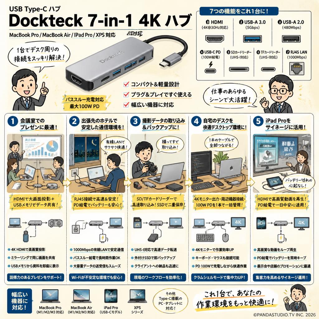 USB Type-C ハブ Dockteck 7-in-1 4K (MacBook Pro MacBook Air  iPad Pro XPS 対応) 用途