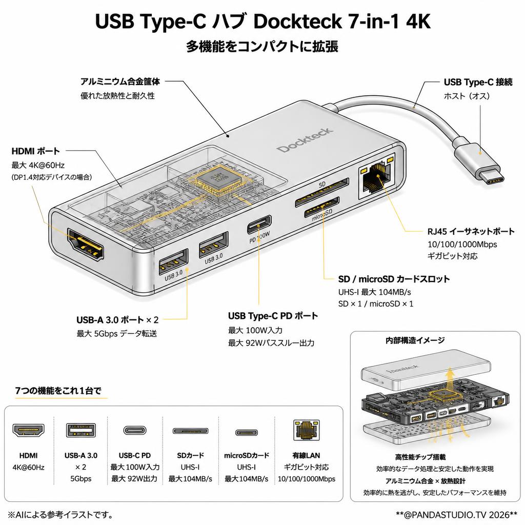 USB Type-C ハブ Dockteck 7-in-1 4K (MacBook Pro MacBook Air  iPad Pro XPS 対応) スペック