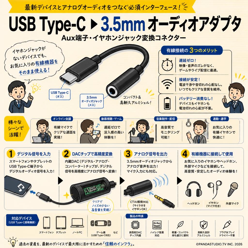 USB Type C USB 3.5mm オーディオアダプタ Aux端子 イヤホンジャック変換 コネクター 概要
