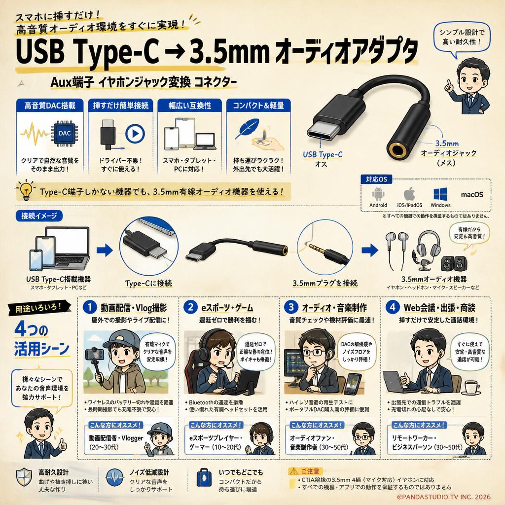 USB Type C USB 3.5mm オーディオアダプタ Aux端子 イヤホンジャック変換 コネクター おもな対象のお客様