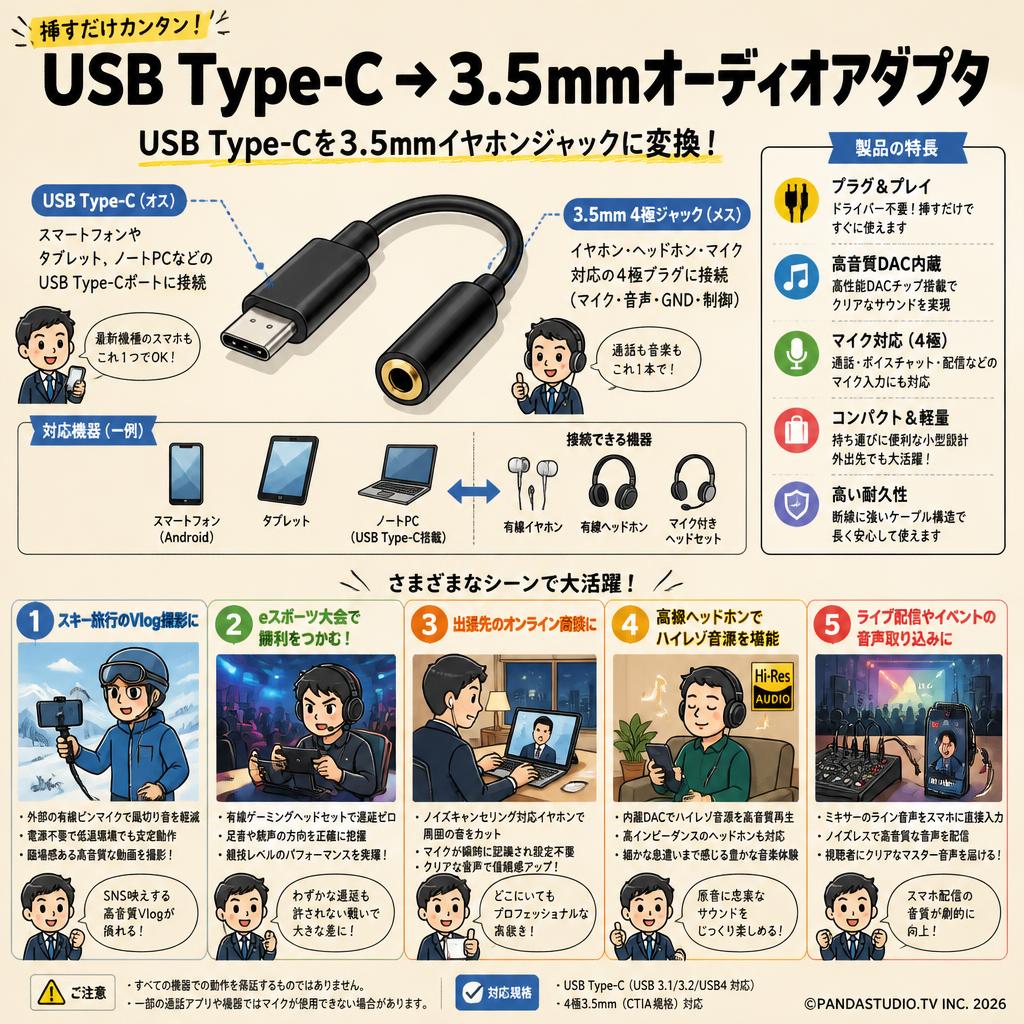 USB Type C USB 3.5mm オーディオアダプタ Aux端子 イヤホンジャック変換 コネクター 用途
