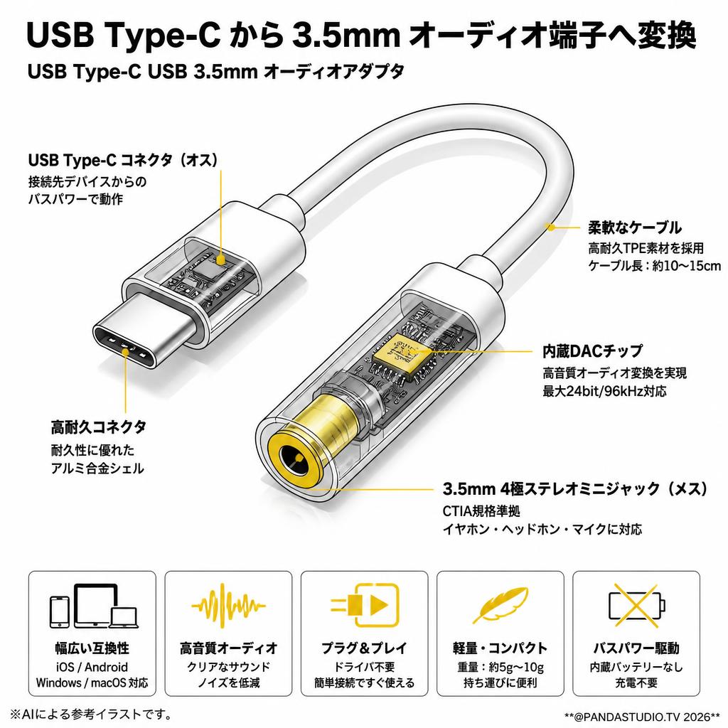 USB Type C USB 3.5mm オーディオアダプタ Aux端子 イヤホンジャック変換 コネクター スペック
