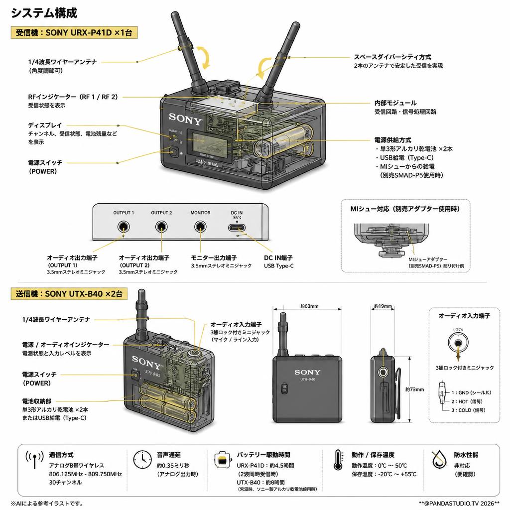 SONY URX-P41D 1台 受信機 / SONY UTX-B40 2台 送信機 セット スペック