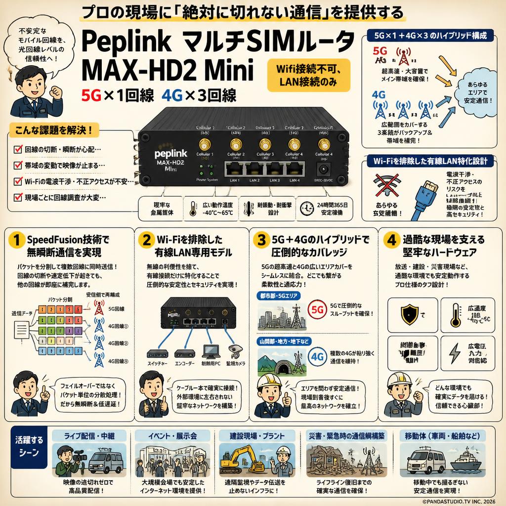 Peplink マルチSIMルータ MAX-HD2 Mini (Wifi接続不可、LAN接続のみ)（5G×1回線 4G×3回線） 概要
