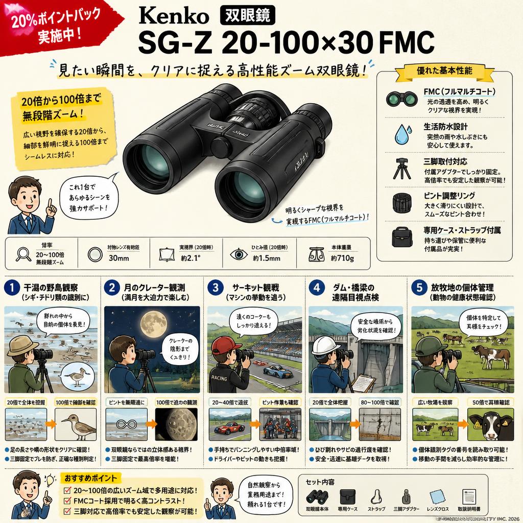 【20%ポイントバック実施中】Kenko 双眼鏡 SG-Z 20-100×30 FMC 用途