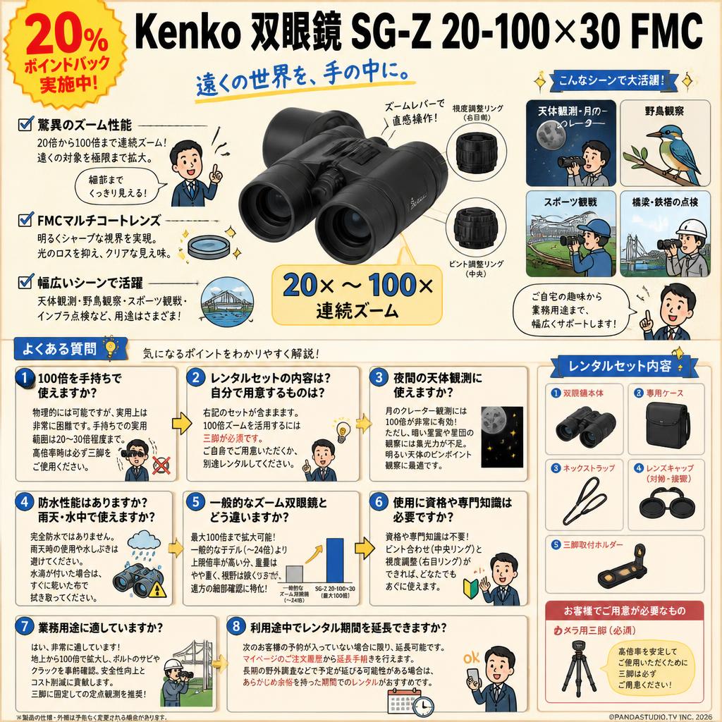 【20%ポイントバック実施中】Kenko 双眼鏡 SG-Z 20-100×30 FMC FAQ（よくある質問と答え）