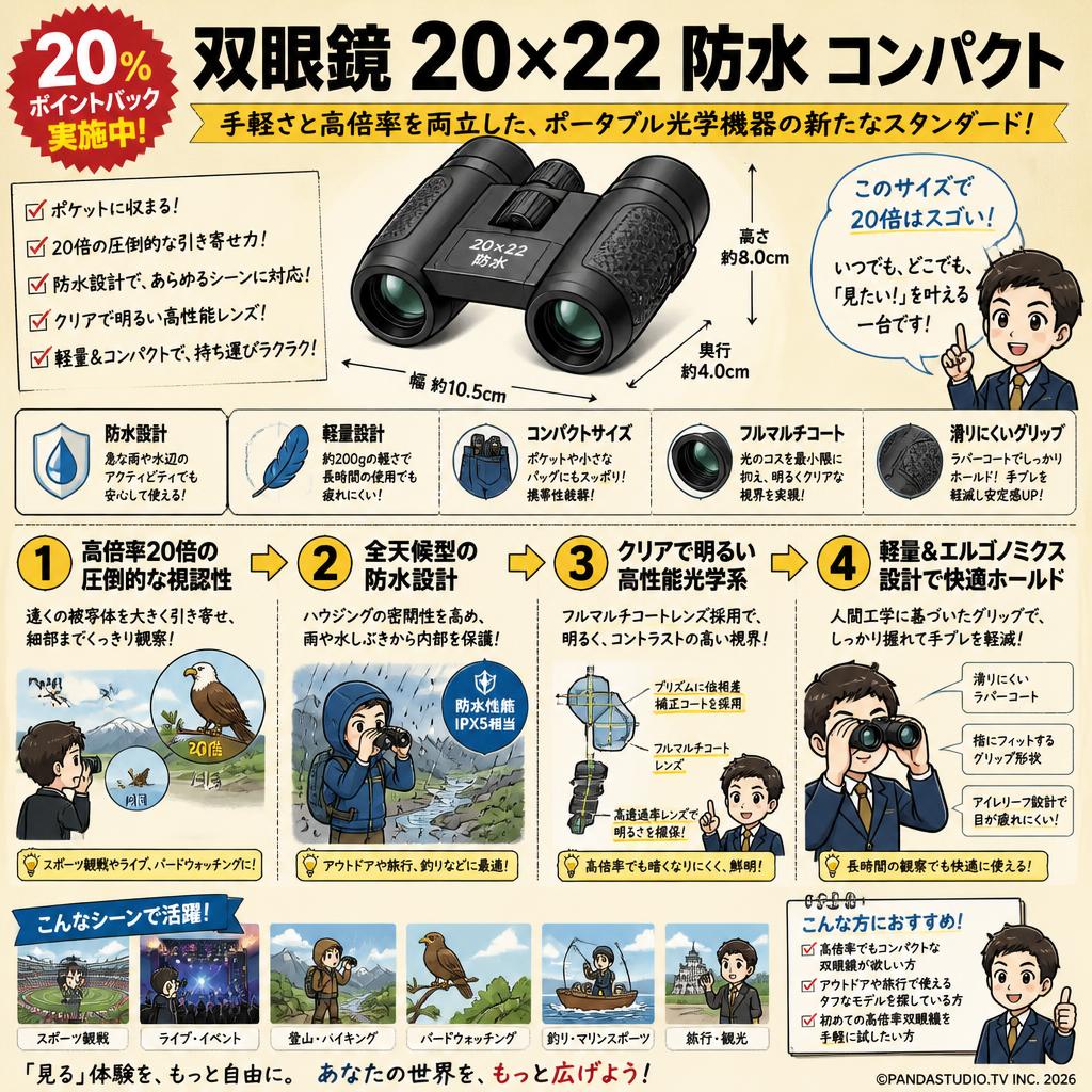 【20%ポイントバック実施中】双眼鏡 20×22 防水 コンパクト 概要