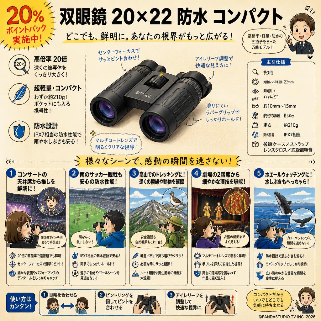 【20%ポイントバック実施中】双眼鏡 20×22 防水 コンパクト 用途