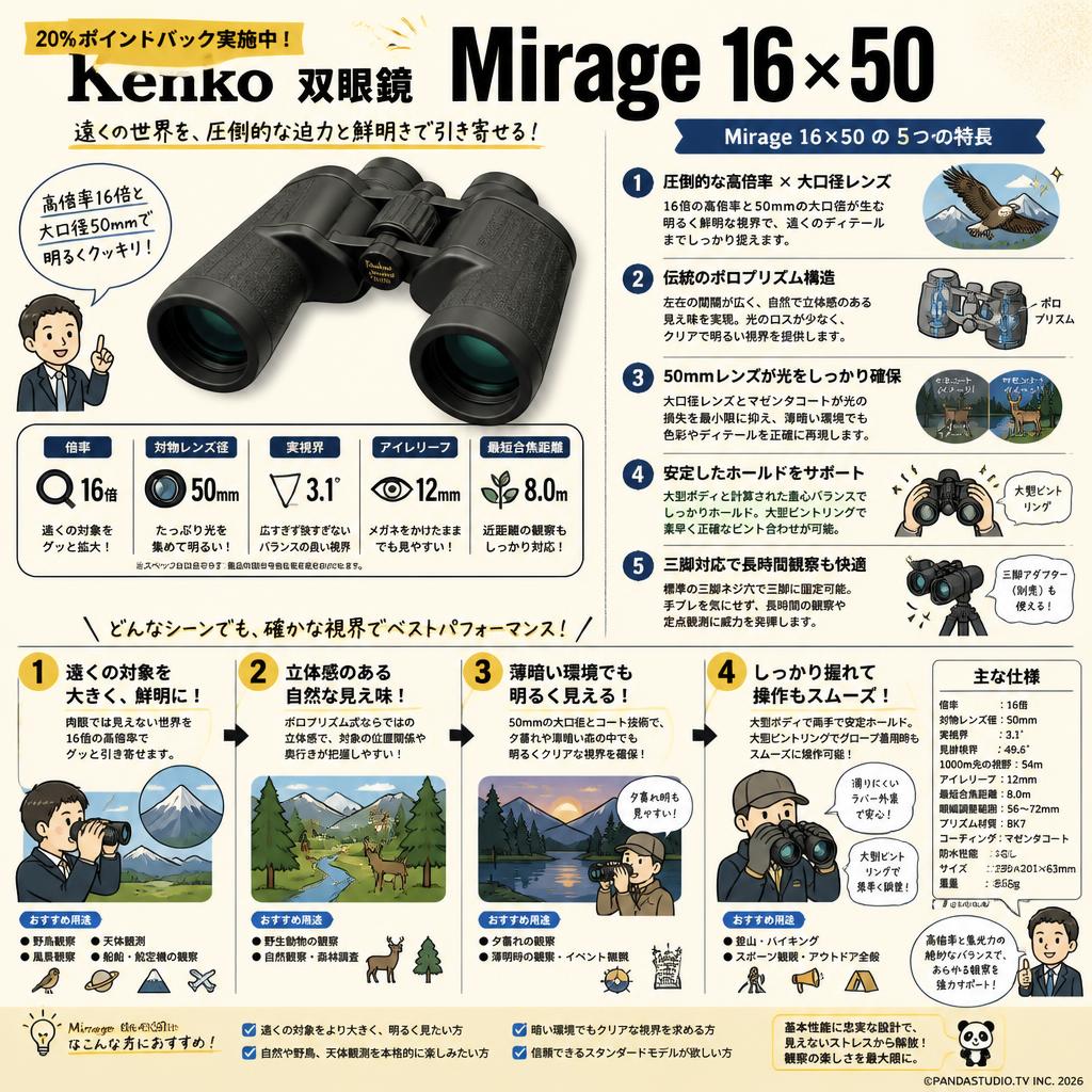 【20%ポイントバック実施中】Kenko 双眼鏡 Mirage 16×50 概要