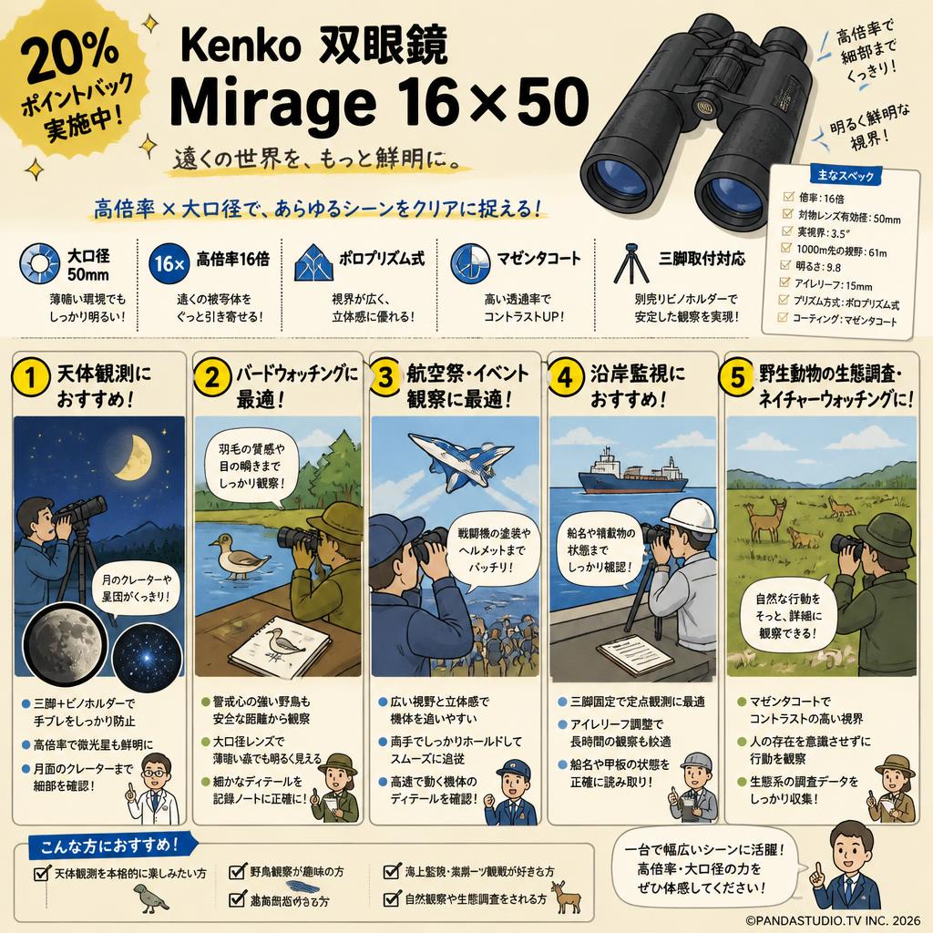 【20%ポイントバック実施中】Kenko 双眼鏡 Mirage 16×50 用途