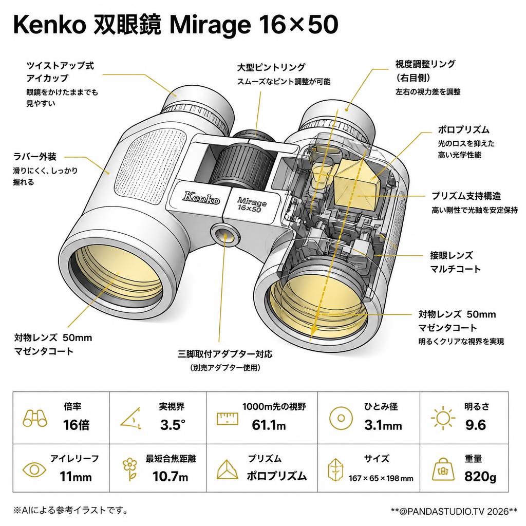 【20%ポイントバック実施中】Kenko 双眼鏡 Mirage 16×50 スペック
