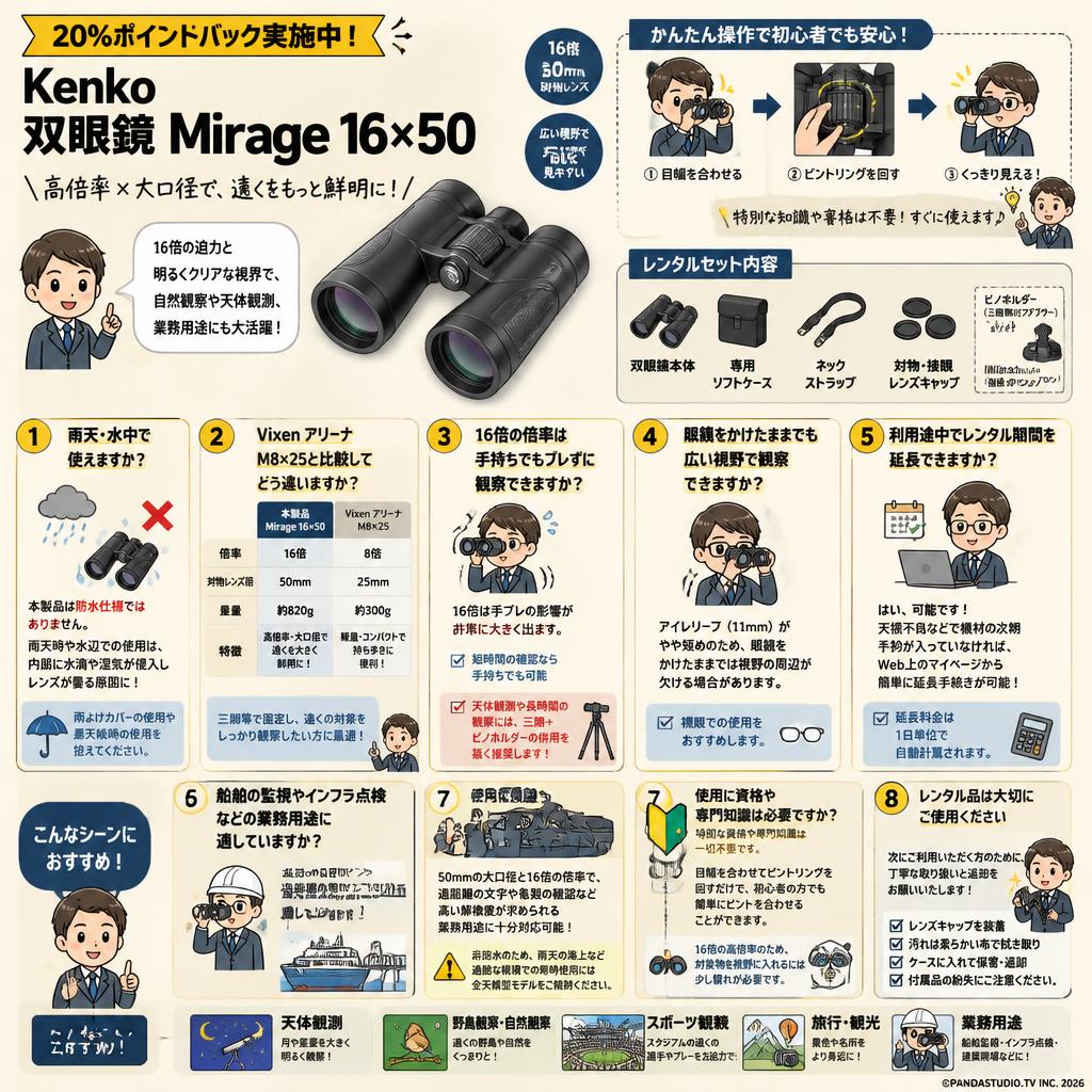 【20%ポイントバック実施中】Kenko 双眼鏡 Mirage 16×50 FAQ（よくある質問と答え）