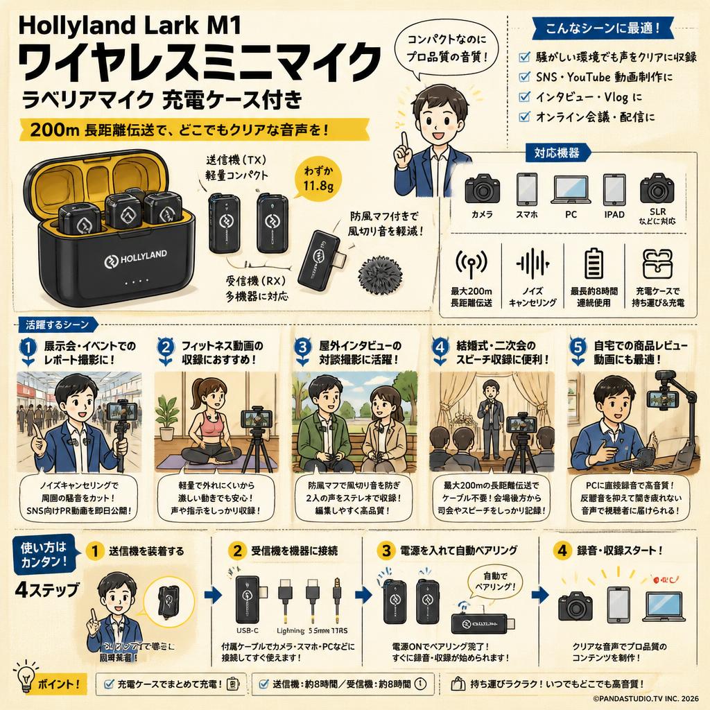 Hollyland Lark M1 ワイヤレスミニマイク ラベリアマイク 充電ケース付き 200ｍ カメラ / スマホン / PC / IPAD / SLRなどに対応 用途