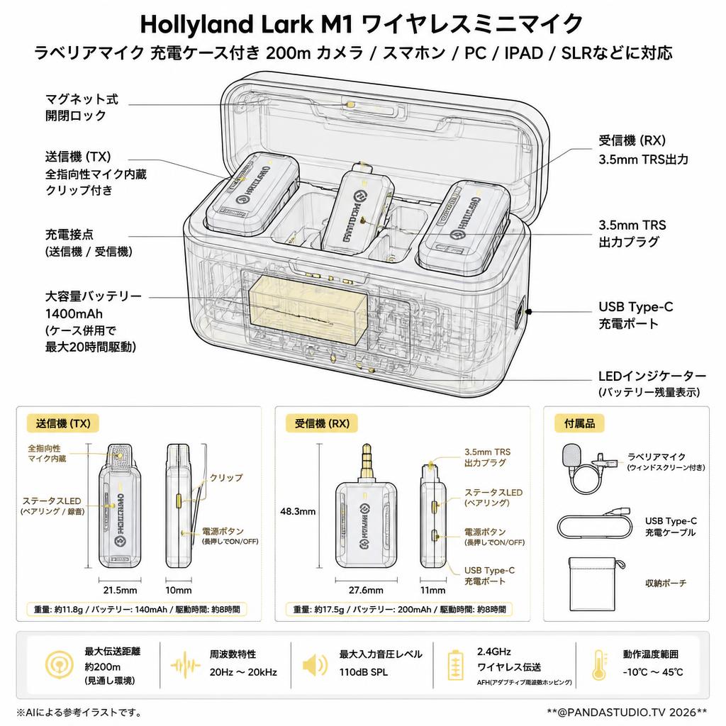 Hollyland Lark M1 ワイヤレスミニマイク ラベリアマイク 充電ケース付き 200ｍ カメラ / スマホン / PC / IPAD / SLRなどに対応 スペック