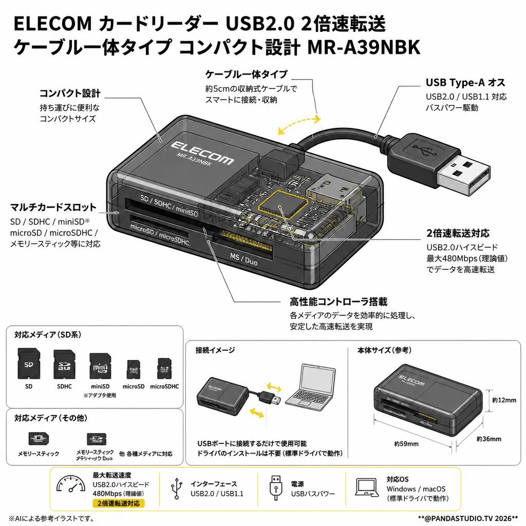 ELECOM カードリーダー USB2.0 2倍速転送 ケーブル一体タイプ コンパクト設計 MR-A39NBK スペック