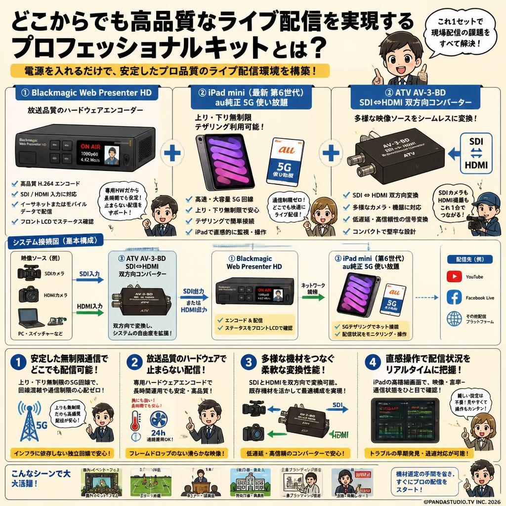 Blackmagic Web Presenter HD / iPad mini (最新 第6世代) au純正 5G 使い放題 【上り・下り無制限 テザリング利用可能  】/ ATV AV-3-BD SDI⇔HDMI双方向コンバーターセット 概要