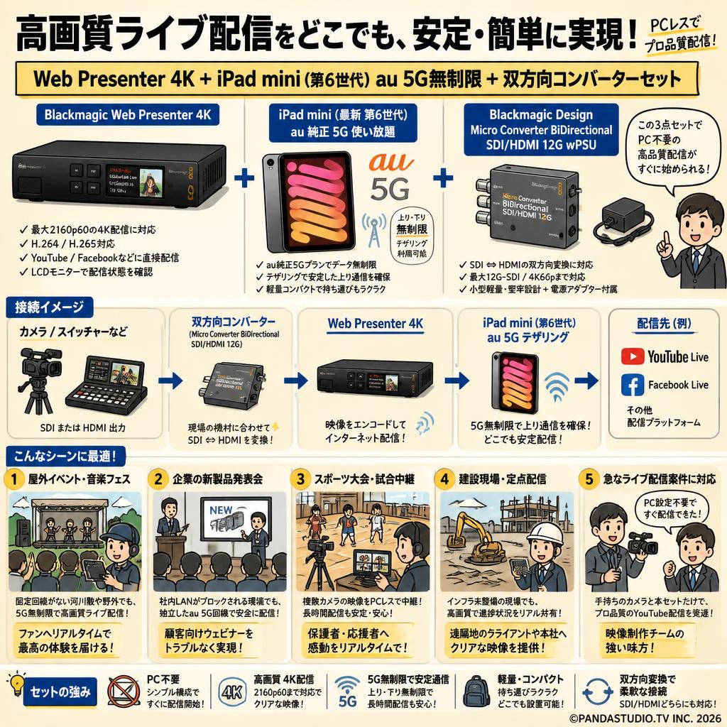 Blackmagic Web Presenter 4K / iPad mini (最新 第6世代) au純正 5G 使い放題 【上り・下り無制限 テザリング利用可能 】/ Blackmagic Design Micro Converter BiDirectional SDI/HDMI 12G wPSU コンバーターセット 用途