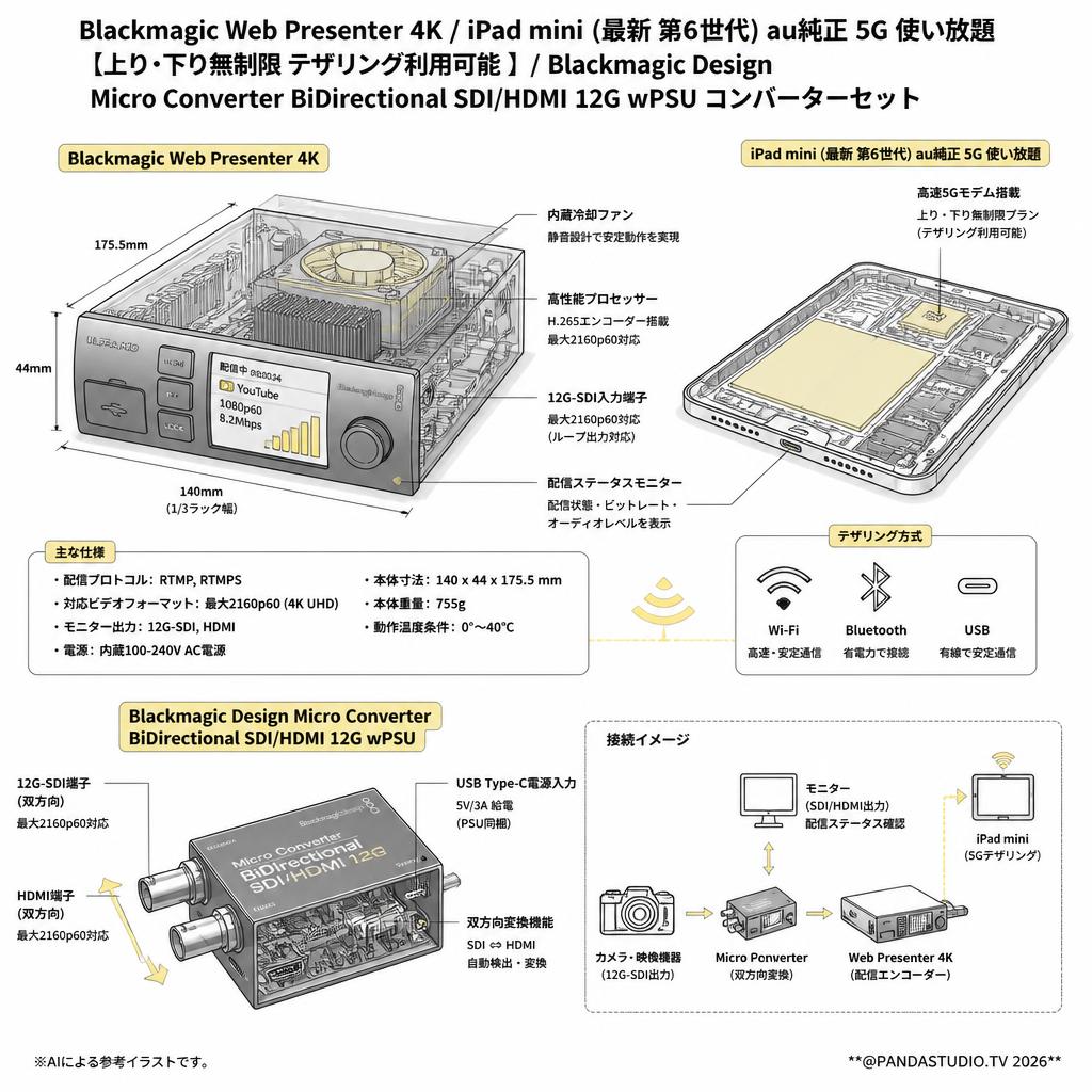 Blackmagic Web Presenter 4K / iPad mini (最新 第6世代) au純正 5G 使い放題 【上り・下り無制限 テザリング利用可能 】/ Blackmagic Design Micro Converter BiDirectional SDI/HDMI 12G wPSU コンバーターセット スペック