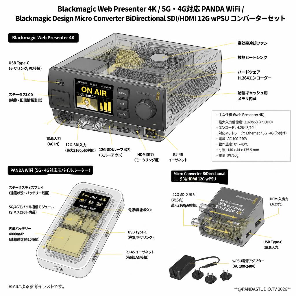 Blackmagic Web Presenter 4K / 5G・4G対応 PANDA WiFi / Blackmagic Design Micro Converter BiDirectional SDI/HDMI 12G wPSU コンバーターセット スペック