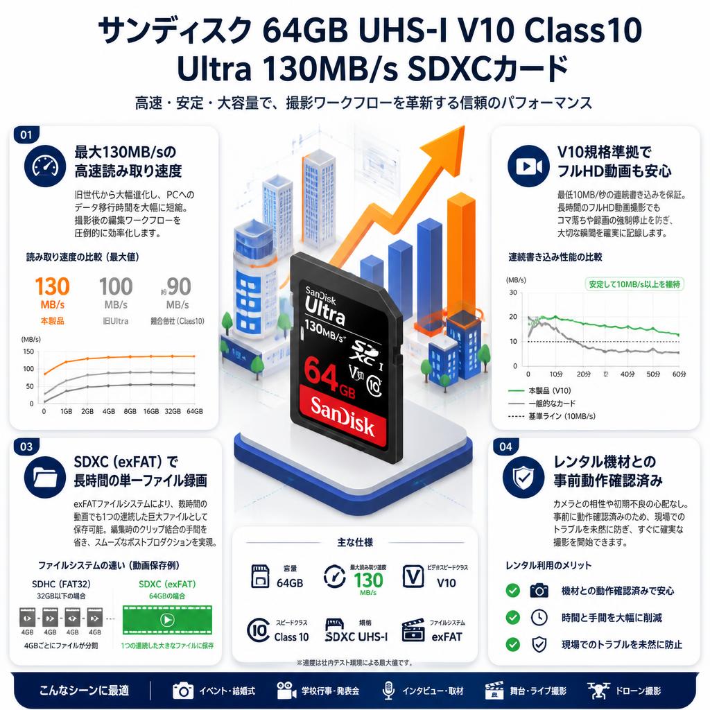 Sandisk 64GB UHS-I V10 Class10 Ultra 130MB/s SDXCカード セールスポイント
