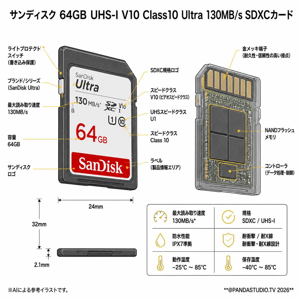 Sandisk 64GB UHS-I V10 Class10 Ultra 130MB/s SDXCカード スペック