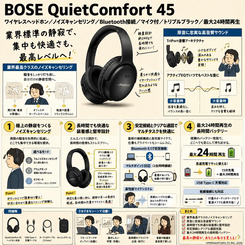 BOSE QuietComfort 45 headphones ワイヤレスヘッドホン ノイズキャンセリング Bluetooth接続 マイク付 トリプルブラック 最大24時間再生 概要