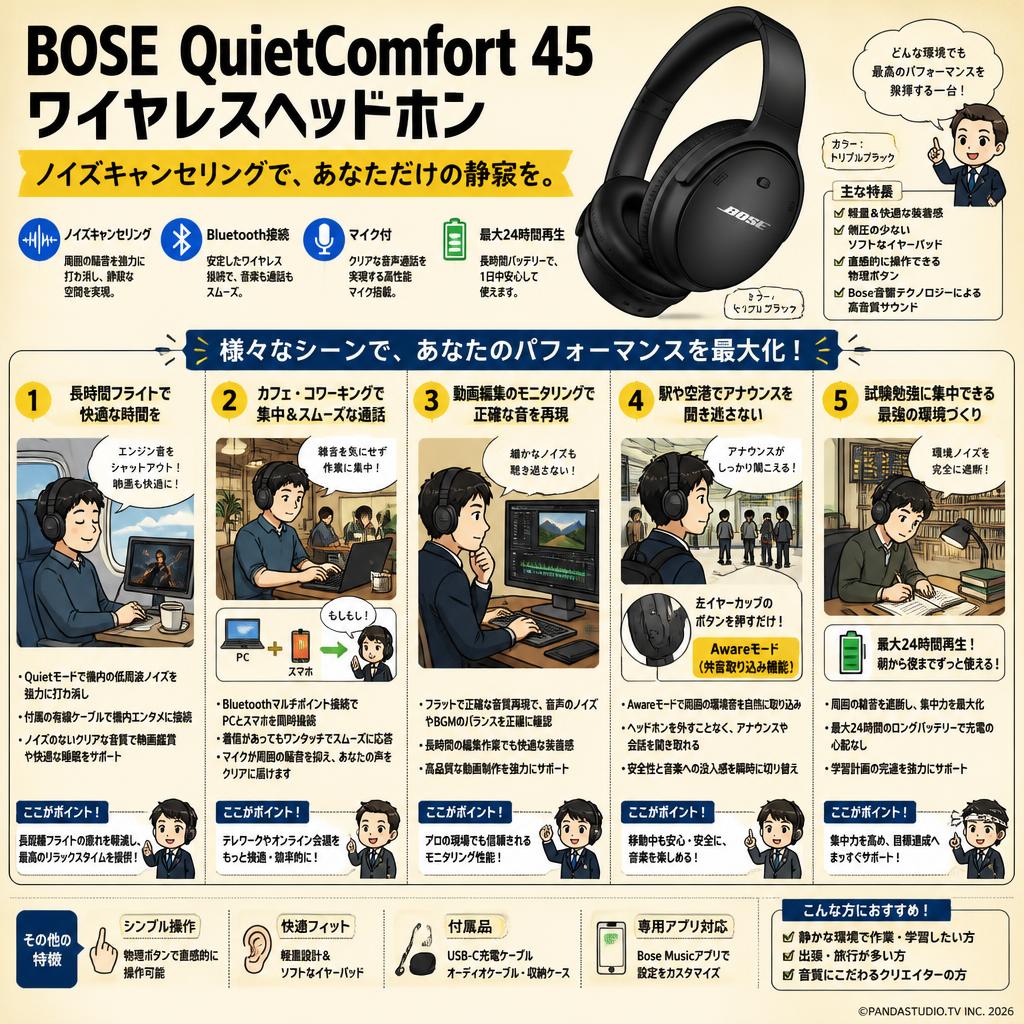BOSE QuietComfort 45 headphones ワイヤレスヘッドホン ノイズキャンセリング Bluetooth接続 マイク付 トリプルブラック 最大24時間再生 用途