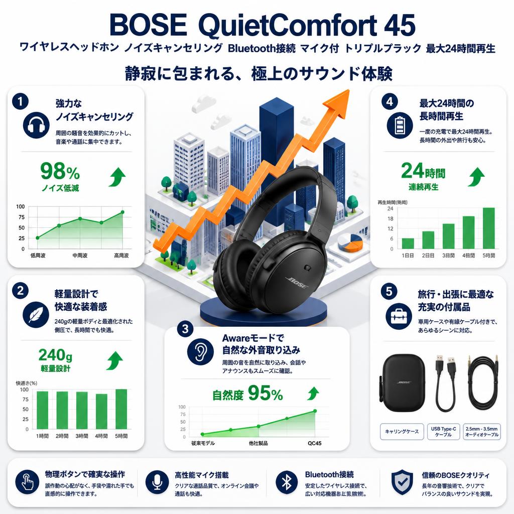 BOSE QuietComfort 45 headphones ワイヤレスヘッドホン ノイズキャンセリング Bluetooth接続 マイク付 トリプルブラック 最大24時間再生 セールスポイント