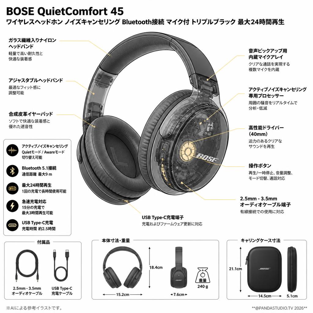 BOSE QuietComfort 45 headphones ワイヤレスヘッドホン ノイズキャンセリング Bluetooth接続 マイク付 トリプルブラック 最大24時間再生 スペック