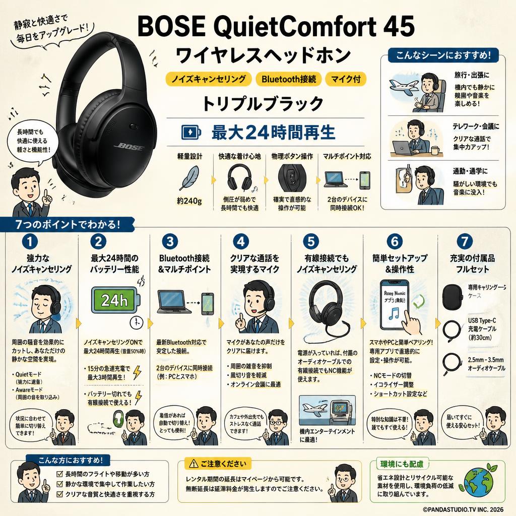 BOSE QuietComfort 45 headphones ワイヤレスヘッドホン ノイズキャンセリング Bluetooth接続 マイク付 トリプルブラック 最大24時間再生 FAQ（よくある質問と答え）