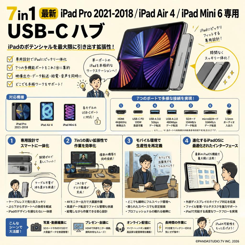 7in1 最新iPad Pro 2021-2018/iPad Air 4/iPad Mini 6 専用 USB-C ハブ 概要
