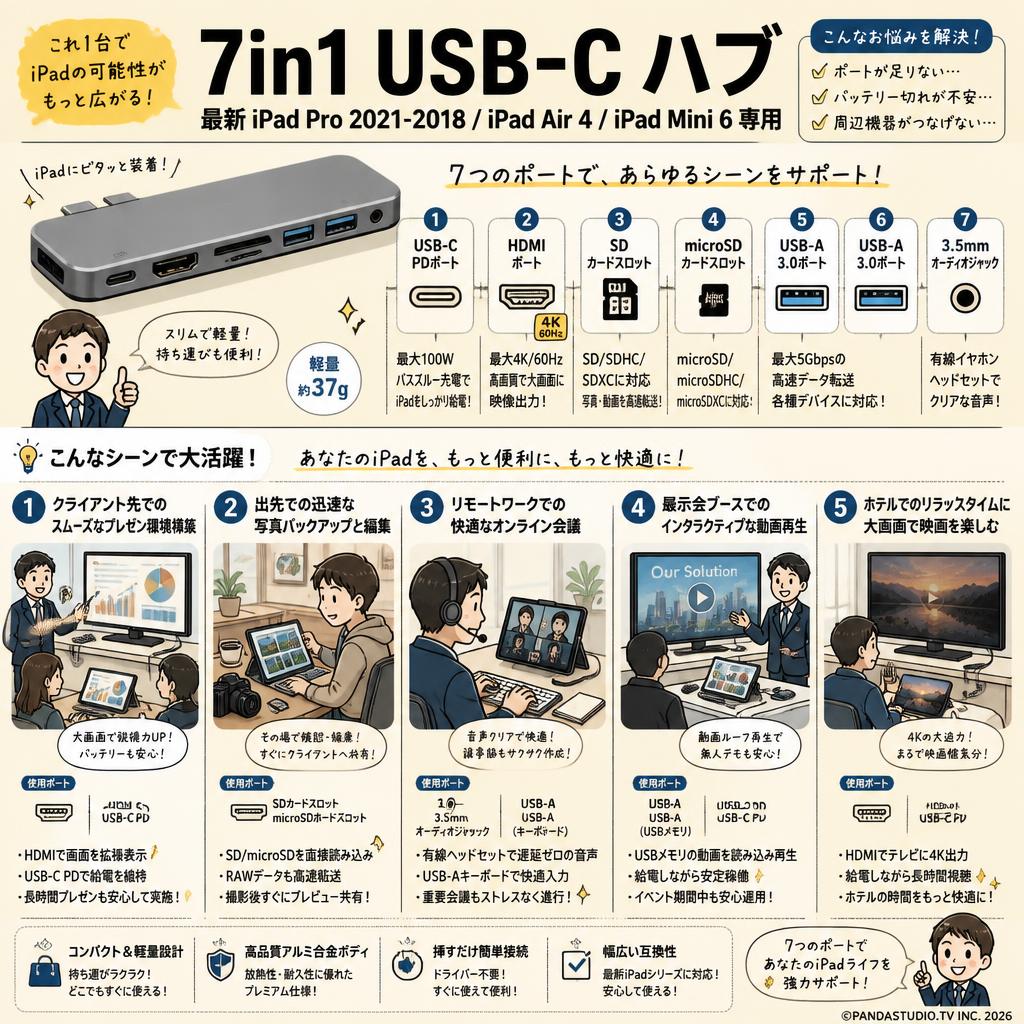 7in1 最新iPad Pro 2021-2018/iPad Air 4/iPad Mini 6 専用 USB-C ハブ 用途