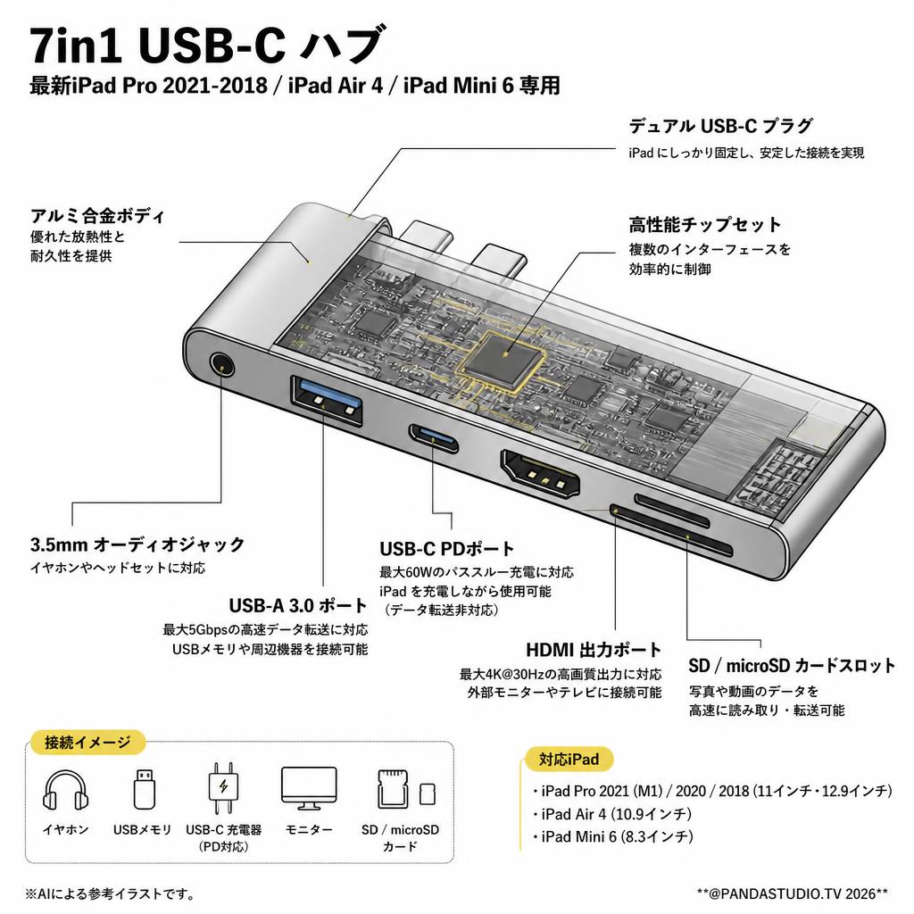 7in1 最新iPad Pro 2021-2018/iPad Air 4/iPad Mini 6 専用 USB-C ハブ スペック