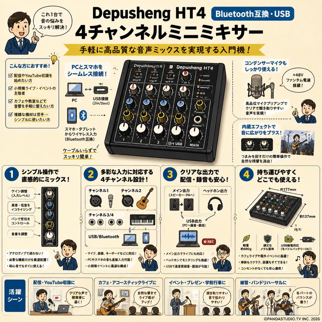 Depusheng HT4 Bluetooth互換 USB 4チャンネルミニミキサー 概要