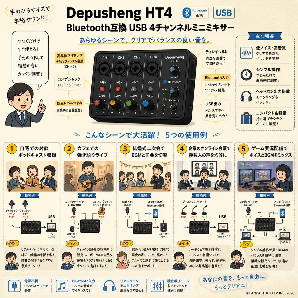 Depusheng HT4 Bluetooth互換 USB 4チャンネルミニミキサー 用途
