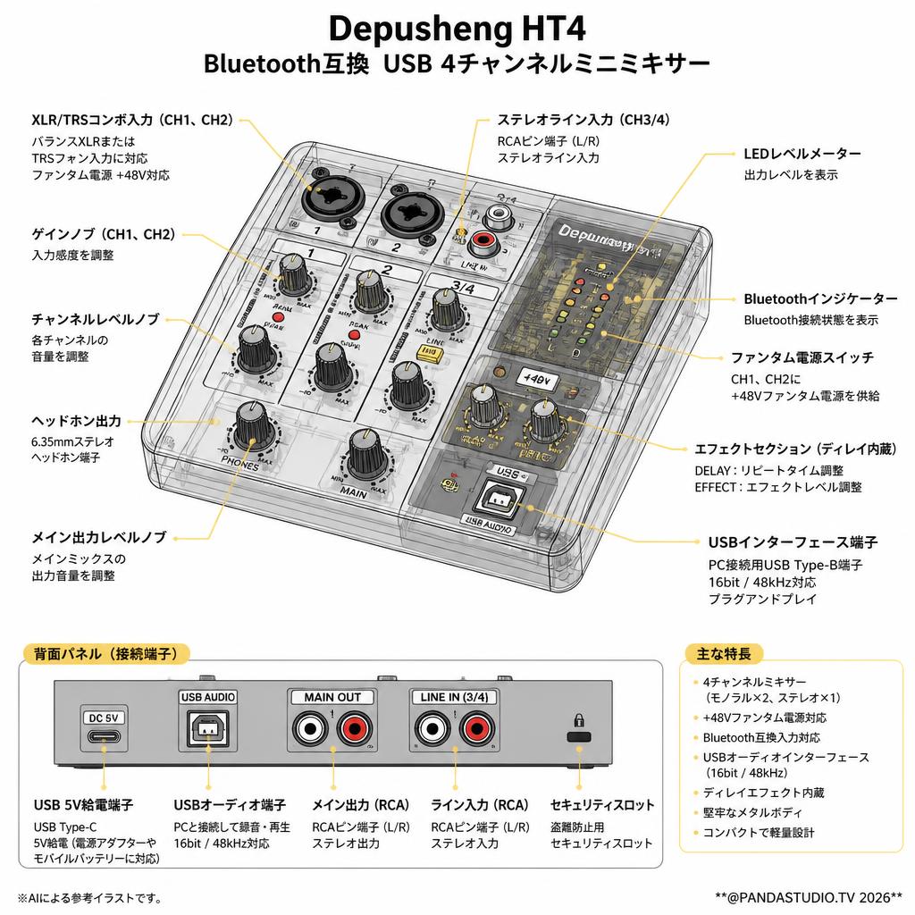 Depusheng HT4 Bluetooth互換 USB 4チャンネルミニミキサー スペック