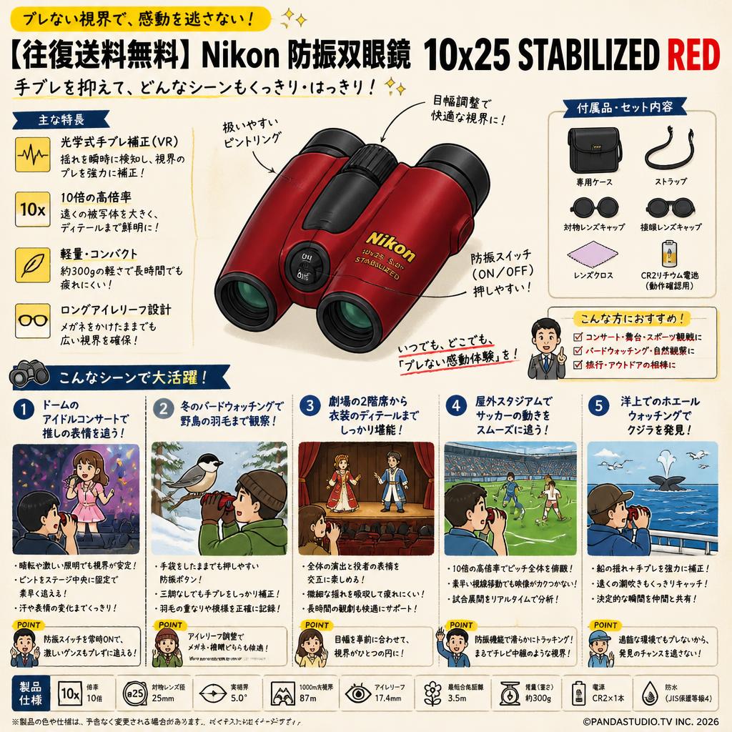 【往復送料無料】Nikon 防振双眼鏡 10x25 STABILIZED RED 用途