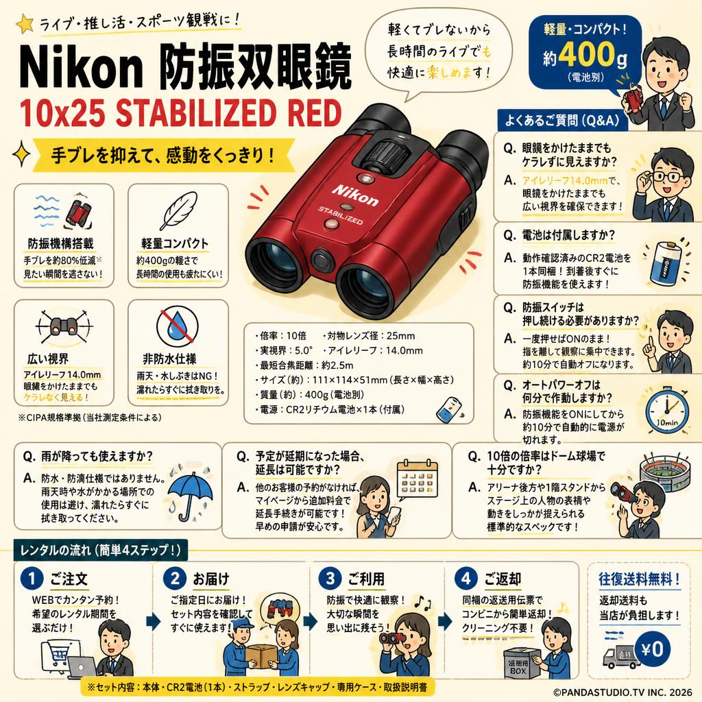 【往復送料無料】Nikon 防振双眼鏡 10x25 STABILIZED RED FAQ（よくある質問と答え）