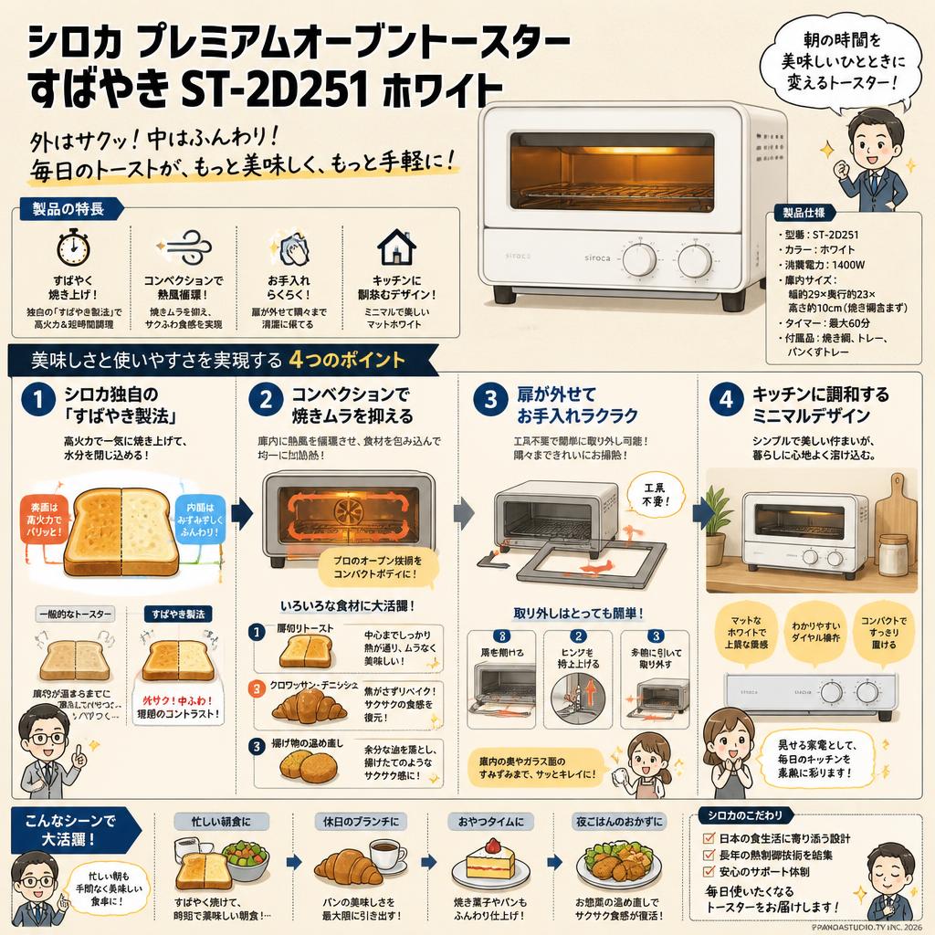 シロカ  プレミアムオーブントースター すばやき ST-2D251 ホワイト 概要