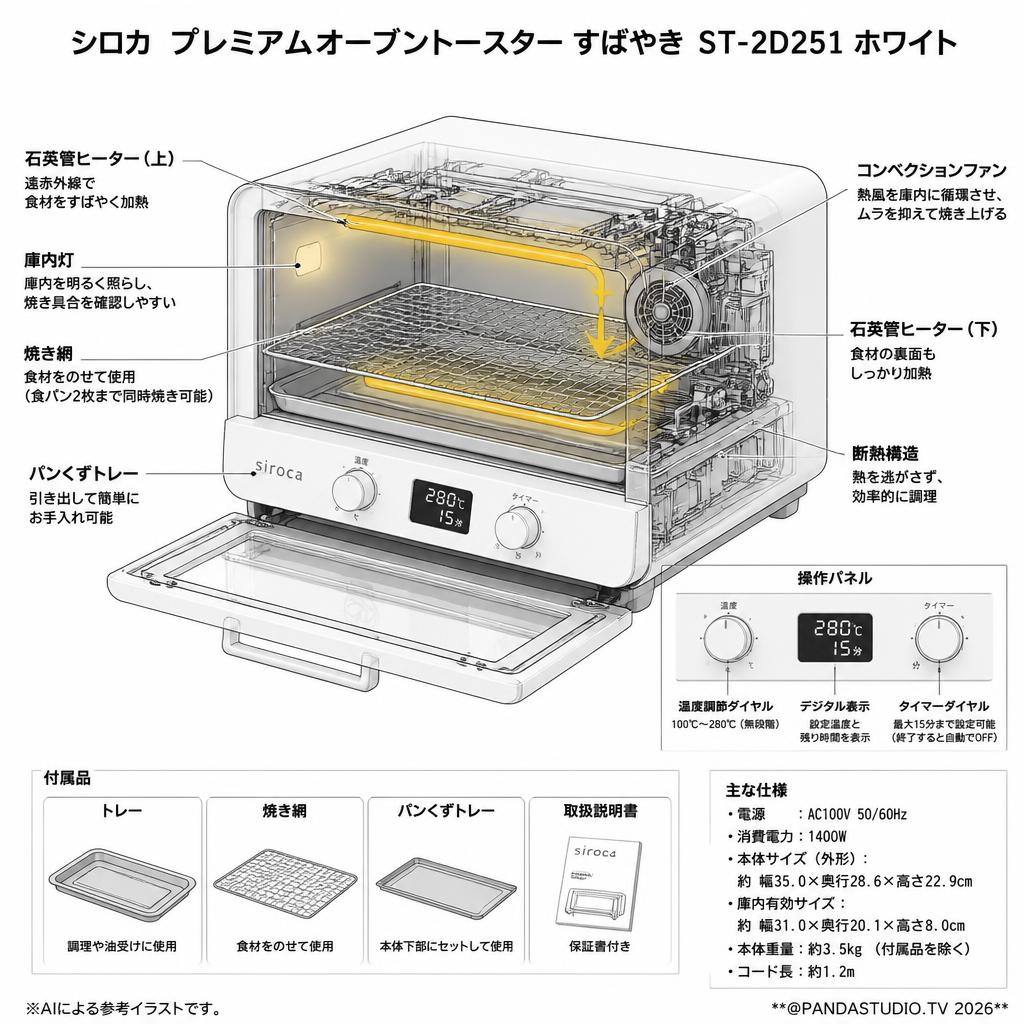 シロカ  プレミアムオーブントースター すばやき ST-2D251 ホワイト スペック
