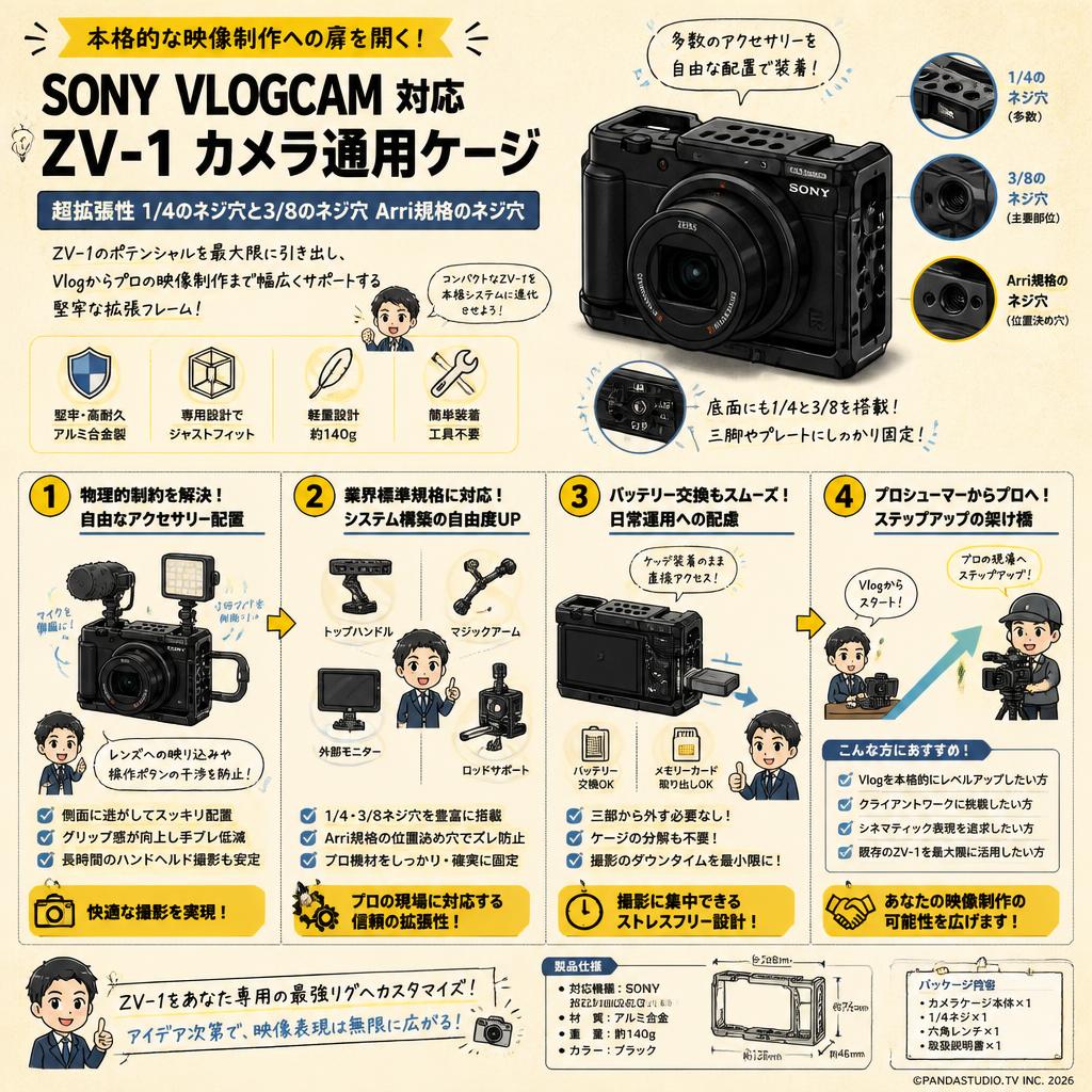 SONY VLOGCAM 対応 ZV-1 カメラ通用ケージ 超拡張性 1/4のネジ穴と3/8のネジ穴 Arri規格のネジ穴 概要