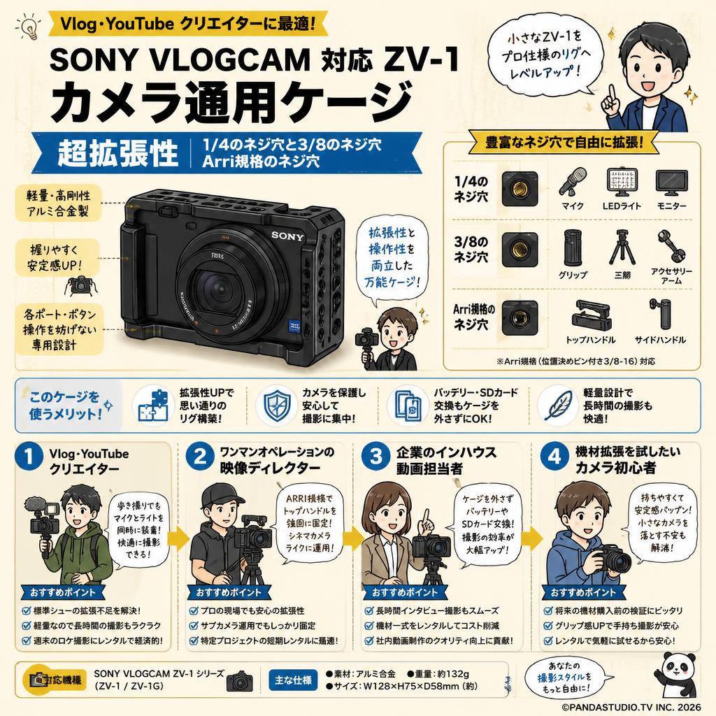 SONY VLOGCAM 対応 ZV-1 カメラ通用ケージ 超拡張性 1/4のネジ穴と3/8のネジ穴 Arri規格のネジ穴 おもな対象のお客様